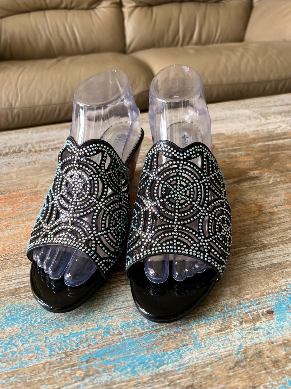 Patrizia by Spring Step Cristalina. Black Rhinestone Jeweled Mules Size 7.5-8